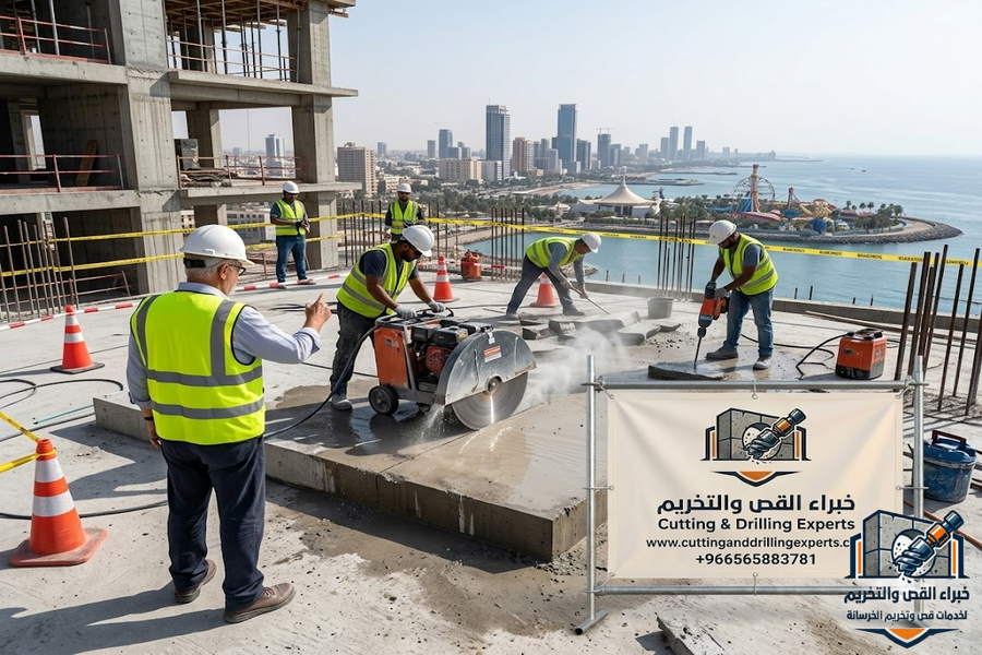 مقاول قص خرسانة بجدة باستخدام أحدث معدات القص الماسي لتنفيذ قص الخرسانة المسلحة وفتح الكور وقص الجدران والأسقف بدقة عالية
